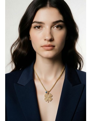 Lykos Çelik Gold Renk Burgu Model Işlemeli Yonca Figür Nazar Boncuk Detay Kadın Kolye