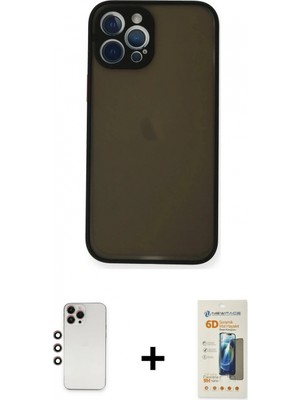 Marsilyan™- iPhone 12 Pro Max Kılıf Ahenk Çizgi Serisi - Siyah 6d Mat Seramik Hayalet Nano Ekran Koruyucu + Gökkuşağı Shine Kamera Lens