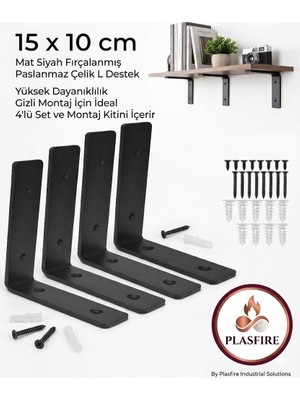 Plasfire 4'lü Set Mat Siyah L Raf Destek Aparatı - 10X10 cm Paslanmaz Çelik Gizli Montaj Takımı