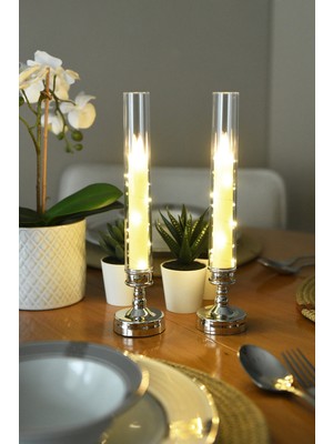 Luminzo Lumox 2 Adet Peri LED Işıklı Mum Görünümlü Pilli Şamdan Dekoratif Aydınlatma Obje Masa Lambası