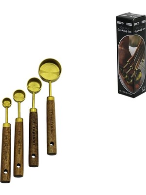 Savarga 4 Pcs Gold Metal Ölçü Kaşık Seti Otantik Ağaç Kulp 15ML - 5ml - 2.5ml - 1.25ML (4801)