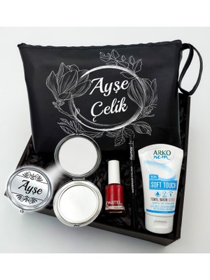 As Gift Kişiye Özel Siyah Makyaj Çantası & Makyaj Aynası & Pastel Oje & Arko Nem Soft Touch & Flormar Göz Kalemi