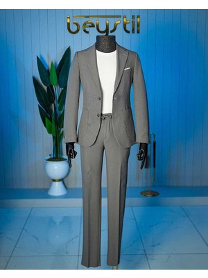 Beystil Sivri Yaka Gri Spor Casual Jogger Takım Gofre - Slim Fit