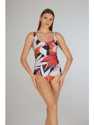 Estiva Yaprak Desenli U Yaka Battal Beden Mayo - Turuncu