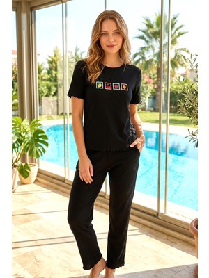 Remsa Kadın Kısa Kol Kaşkorse Kumaş Pijama Takımı 70823-3354 Siyah