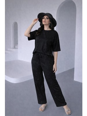 Kaside Kadın Taşlı Kısa Kol Beli Lastikli Bağlamalı Ikili Takım KSD-8636