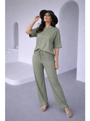 Kaside Kadın Taşlı Kısa Kol Beli Lastikli Bağlamalı Ikili Takım KSD-8636