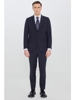 Altınyıldız Classics Slim Fit Dar Kesim Mono Yaka Kapak Cepli Desenli Esnek Lacivert Takım Elbise