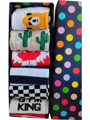 Famemus Accessory 6 Çift Renkli Desenli Spor Özel Kutusunda Hediyelik Çorap Seti