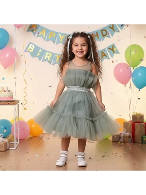 Balkan Göğüs Tüllü Kısa 5-10 Yaş Abiye Elbise