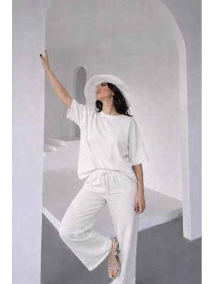 Kaside Kadın Taşlı Kısa Kol Beli Lastikli Bağlamalı Ikili Takım KSD-8636