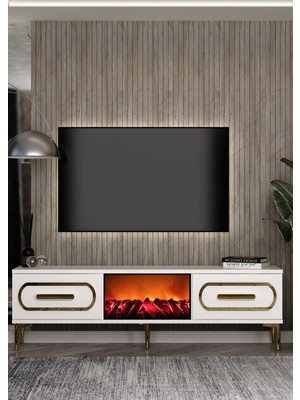 Demonte Decor TV0071-TXA150DD-128 Şömineli Tv Sehpası Beyaz-Altın
