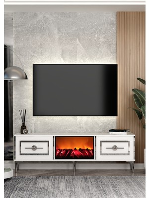 Demonte Decor TV0069-TXA150DD-32 Şömineli Tv Sehpası Beyaz-Gümüş