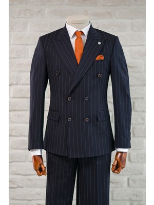 Apartro Slimfit Sivri Yaka Çift Yırtmaçlı Çizgili Kruvaze Takım Elbise