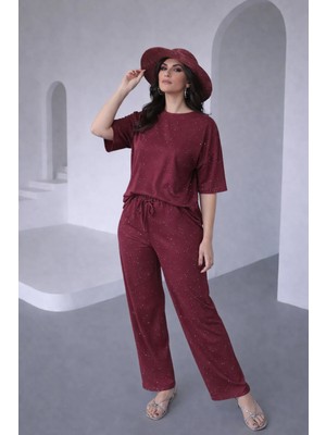 Kaside Kadın Taşlı Kısa Kol Beli Lastikli Bağlamalı Ikili Takım KSD-8636