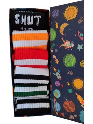 Famemus Accessory 6 Çift Renkli Desenli Özel Kutusunda Tenis Çorap Seti Çorap Spor