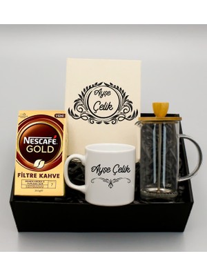 As Gift Kişiye Özel Kanvas Krem Defter & Kişiye Özel Beyaz Kupa & French Press & Nescafe Gold Filtre Kahve Hediye Seti