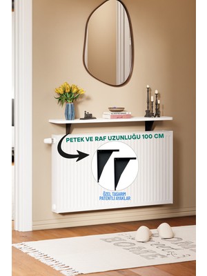 Feyza Design Montajsız Dresuar Petek Üstü Uçan Raf Kalorifer Petek Rafı - 100X18 cm Beyaz Oval Kesim