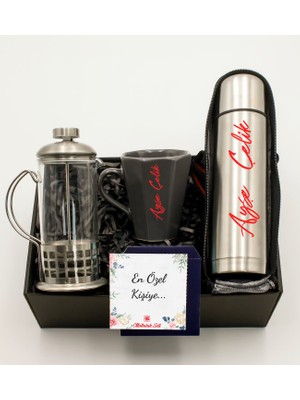 As Gift Kişiye Özel Gri Kenarlı Kupa & Kişiye Özel Kılıflı Krom Çelik Termos & Metal French Press Hediye Seti