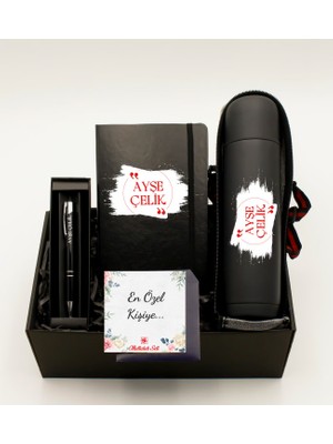 As Gift Kişiye Özel Siyah Defter & Kişiye Özel Deri Kılıflı Siyah Termos & Kişiye Özel Siyah Roller Kalem Hediye Seti