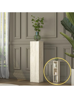 Rani AD103 Modern Gizli Bölmeli Sütun Yan Sehpa Traverten