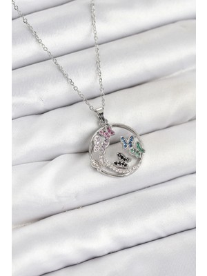 Luord-Store Çelik Zincir Gümüş Renk Zirkon Taşlı Kelebekli Kadın Kolye