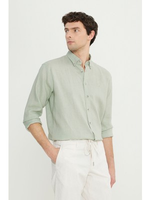 Altınyıldız Classics Altınyıldız collection %100 keten comfort fit haki gömlek