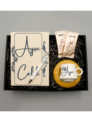 As Gift Kişiye Özel Kanvas Krem Defter & Kişiye Özel Beyaz Kalem & Bambu Tabaklı Beyaz Fincan & Mehmet Efendi Türk Kahvesi Hediye Seti