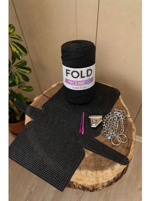 Fold Kanvas Siyah No.4 Ip Çanta Örgü Kiti 45X22 cm Orta Boy Metal Zincir Set Çanta Ipi