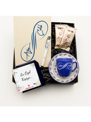 As Gift Kişiye Özel Kanvas Krem Defter & Kişiye Özel Roller Kalem & Kişiye Özel Mavi Fincan & Mehmet Efendi Türk Kahvesi Hediye Seti