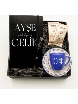 As Gift Kişiye Özel Siyah Defter &kişiye Özel  Desenli Mavi Fincan &kişiye Özel  Siyah Roller Kalem & Mehmet Efendi Türk Kahvesi Hediye Seti