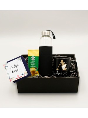 As Gift H2O Kılıflı Su Matarası & Kişiye Özel Siyah Kupa & Starbucks Latte Hediye Seti