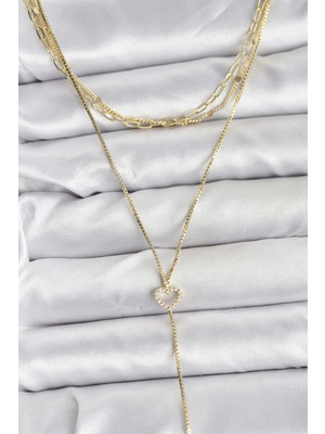 Luord-Store Pirinç Gold Renk Detaylı 3'lü Kombin Y Kadın Kolye