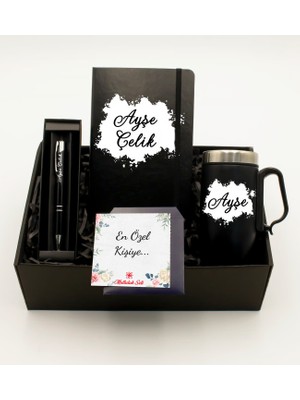 As Gift Kişiye Özel Siyah Defter & Kişiye Özel Siyah Bardak Termos & Kişiye Özel Siyah Roller Kalem Hediye Seti