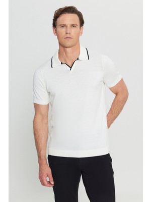 Altınyıldız Classics Erkek Beyaz %100 Pamuk Standart Fit Normal Kesim Polo Yaka Armürlü Triko Tişört