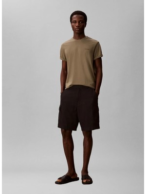 Calvin Klein Koyu Bej Erkek Logo Baskılı T-Shirt LV04LC255GLDY_SS Mıcro Logo Crewnec
