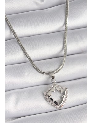 İlanib Ticaret 316L Çelik Gümüş Renk Italyan Zincir Zirkon Taşlı Kutup Yıldızı Işleme Model Kadın Kolye