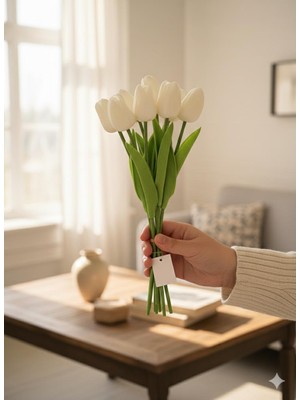 Bakburaya Yapay Çiçekçilik Yapay 8'li Islak Dokulu Beyaz Lale Özel Gün ve Dekorasyon Çiçeği