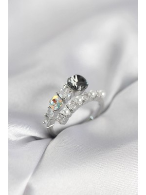 İlanib Ticaret Gümüş Renk Pirinç Zirkon Taşlı Incili Kadın Yüzük