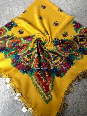 Sobe Hediyelik Mardin Yazması Çiçek Desenli Pullu Başörtüsü – 100X100 cm
