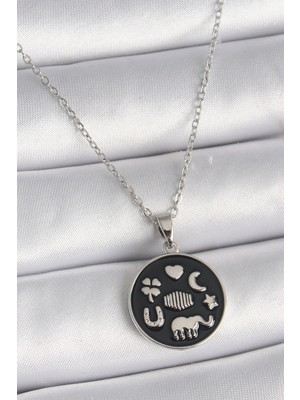 İlanib Ticaret 316L Çelik Gümüş Renk Siyah Renk Şans Kolyesi