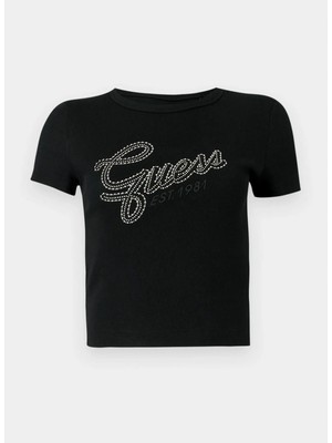 Guess Siyah Kadın Slim Fit Taşlı T-Shirt W6RI22KA0H1-JBLK