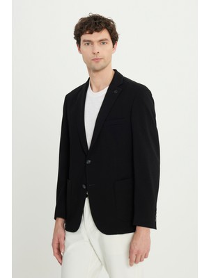 Altınyıldız Classics Erkek Siyah Pamuklu Slim Fit Dar Kesim Armürlü Esnek Torba Cepli Blazer Ceket