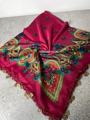 Sobe Hediyelik Mardin Yazması Çiçek Desenli Pullu Başörtüsü – 100X100 cm