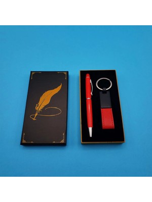 İlanib Ticaret Kutulu Kırmızı Deri Anahtarlık ve Touchpen Tükenmez Kalem Hediye Seti