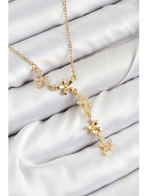 İlanib Ticaret 316L Çelik Zirkon Taşlı Çiçek Model Gold Renk Kadın Kolye
