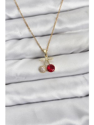 İlanib Ticaret 316L Çelik Zincir Gold Renk Kiraz Model Zirkon Taşlı Kadın Kolye