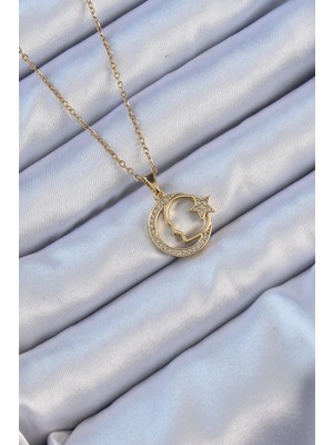 İlanib Ticaret 316L Çelik Zincir Altın Renk Zirkon Taşlı Ay Yıldız Simgeli Atatürk Kolye