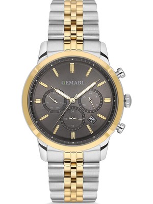 DEMARİ Erkek Kol Saati Quartz Mekanizma Full Fonksiyonlu – Gümüş & Gold Detaylı Çelik Kasa, Gri Kadran DM-00111G-D9
