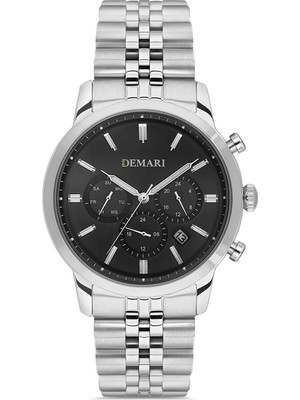 DEMARİ Erkek Kol Saati Quartz Mekanizma Full Fonksiyonlu – Gümüş Çelik Kasa & Bilezik, Siyah Kadran DM-00111G-A2
